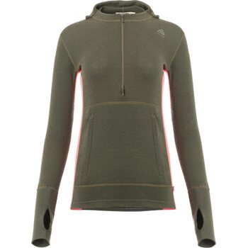 Aclima WarmWool Hood Sweater w/Zip Womens, Olive Night / Spiced Coral, S