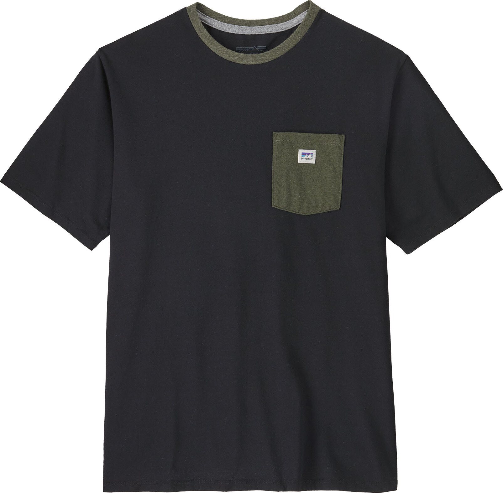 Patagonia Shop Sticker Pocket Responsibili-Tee Mens Black w/ Basin Green