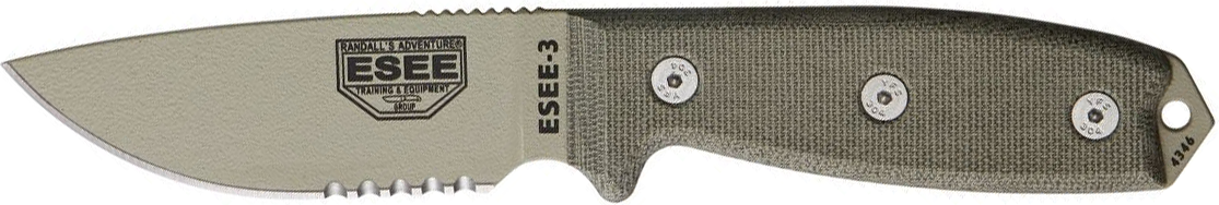 ESEE Knives Esee-3 Desert Tan Blade / Micarta Handle / Serrated Edge / OD Green Molded Sheath with Clip Plate