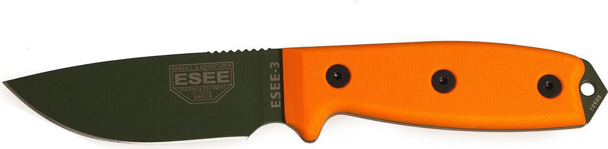 ESEE Knives Esee-3 Olive Drab Blade / Orange G10 handle / Plain Edge / Black Molded Sheath /w Clip Plate