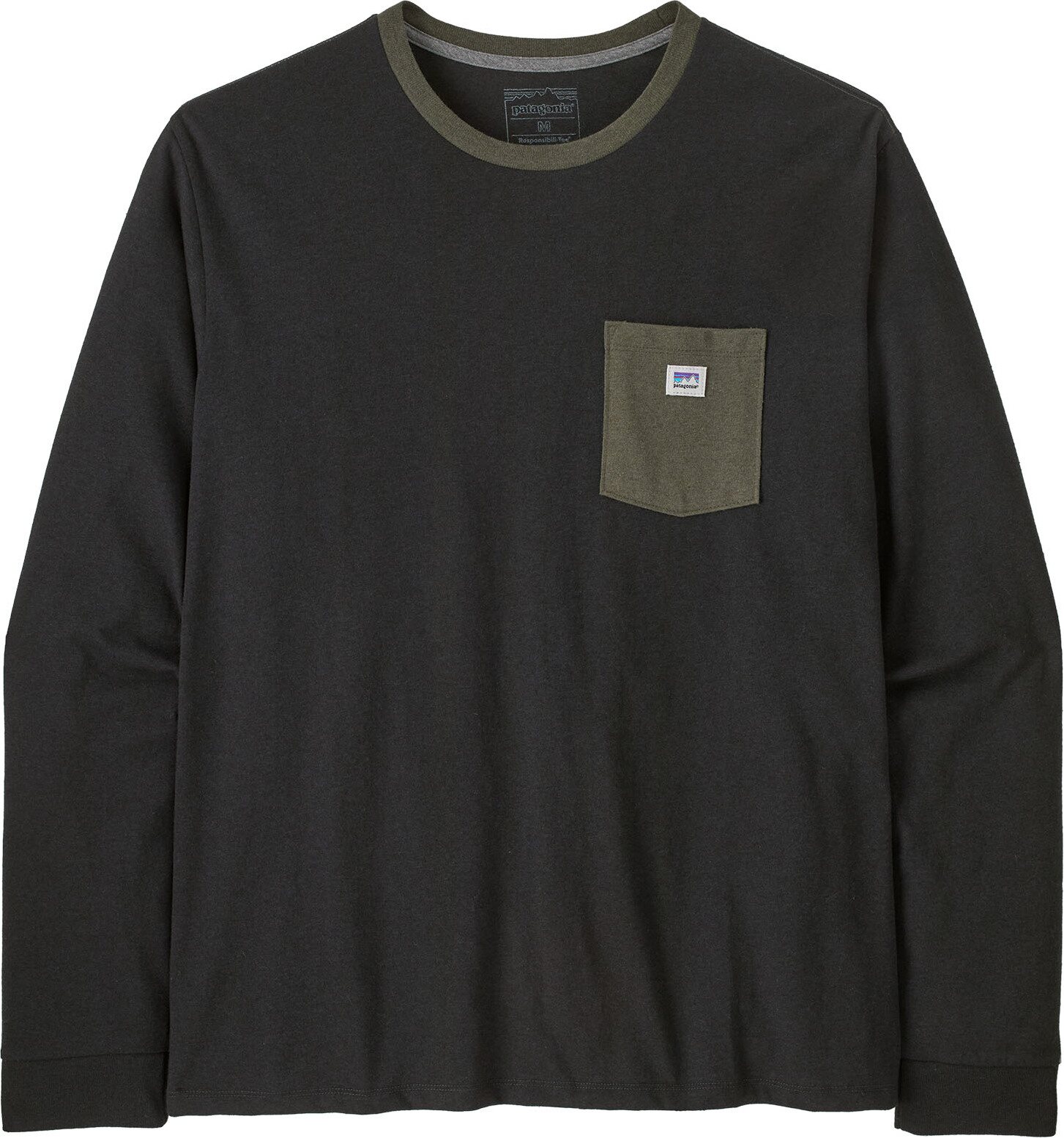Patagonia Long-Sleeved Shop Sticker Pocket Responsibili-Tee Mens Black w/ Basin Green
