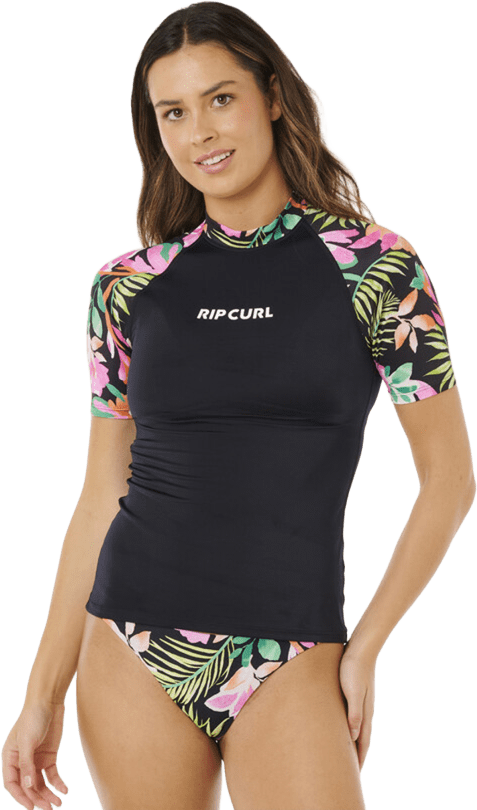 Rip Curl Molokai Short Sleeve Floral Insert Rash Vest Womens Black