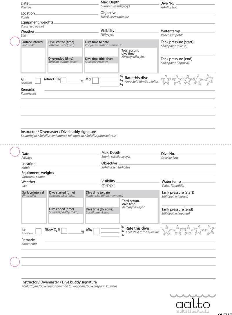 Sukelluskoulu Aalto Logbook pages A5, 25 pages 25 pages / 100 dive logs