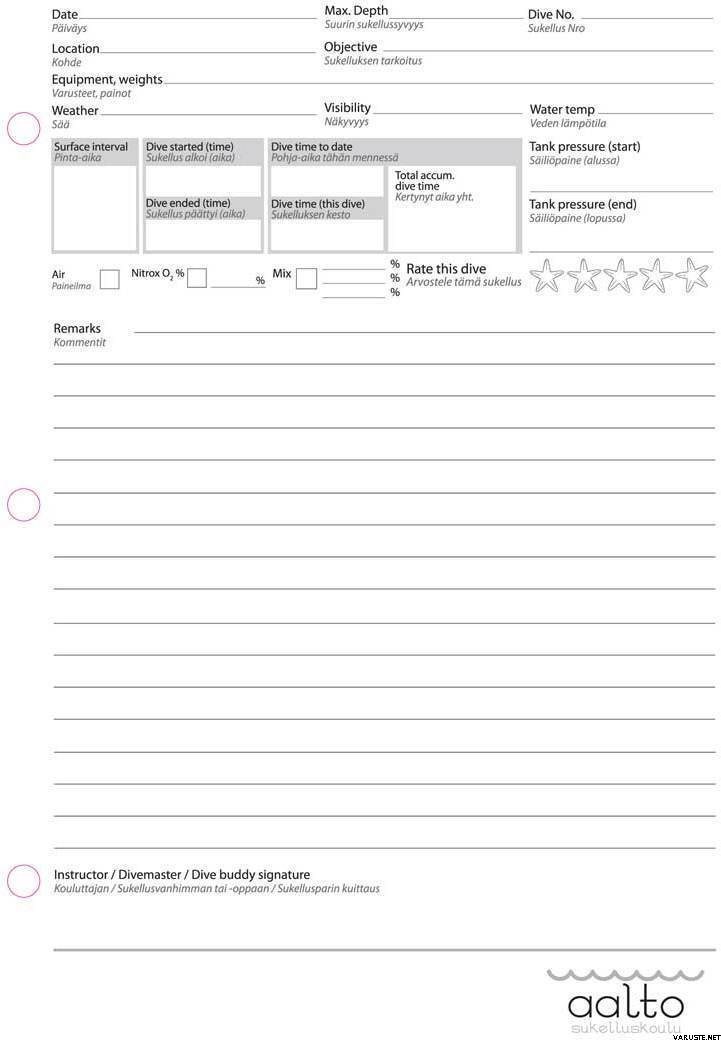 Sukelluskoulu Aalto Logbook pages A5, 25 pages 25 pages / 50 dive logs