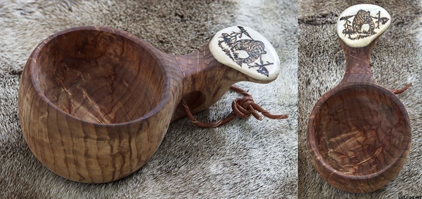 Wooden cup with bone and picture Bjørn