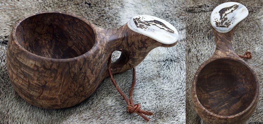Wooden cup with bone and picture Salmon