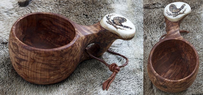 Wooden cup with bone and picture Capercaillie