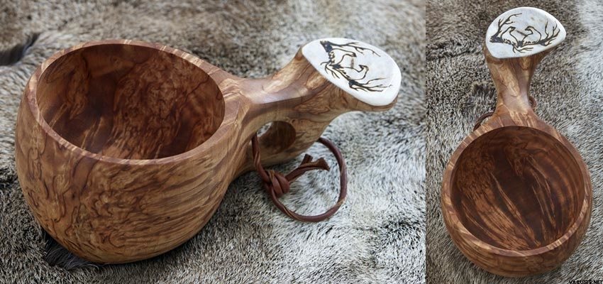 Wooden cup with bone and picture Willow grouse