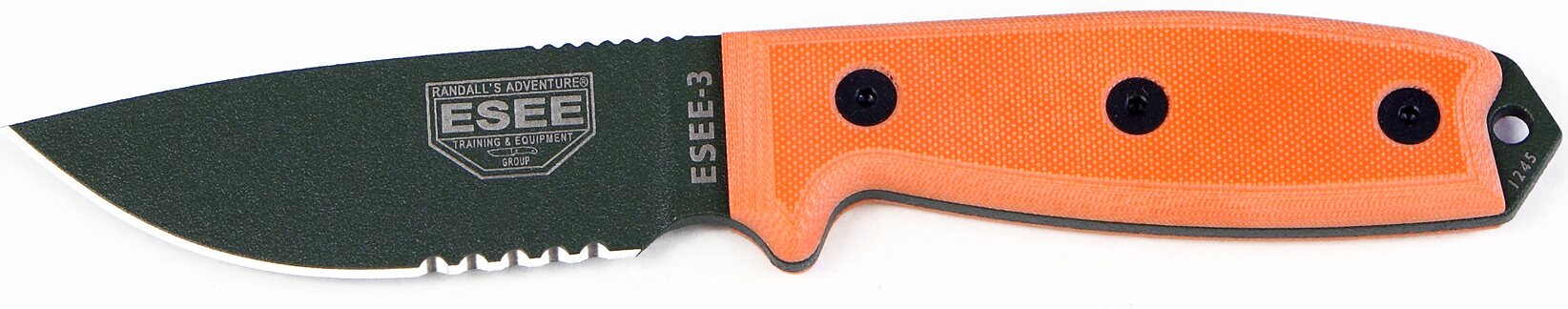 ESEE Knives Esee-3 Olive Drab Blade / Orange G10 Handle / Serrated Edge / Black Molded Sheath /w Clip Plate