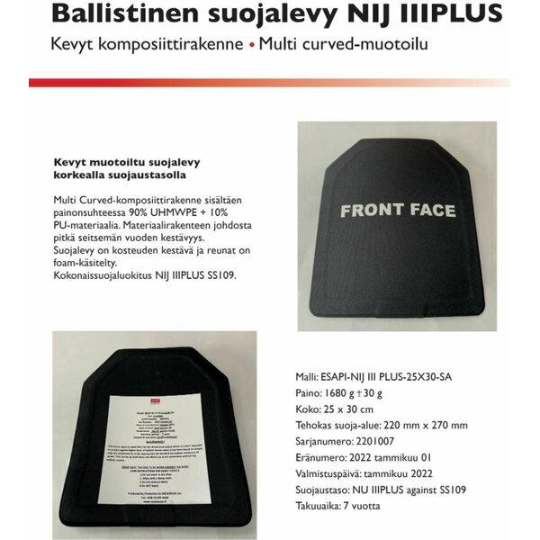 Mediwear NIJ IIIPLUS ESAPI-25X30-SA ballistinen suojalevy, Stand Alone.
