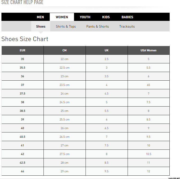 Reebok crossfit clearance size chart